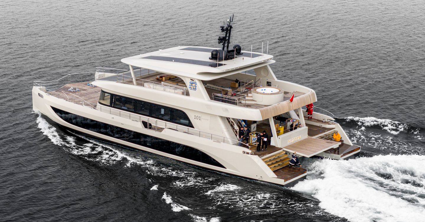 VisionF 101 Catamaran Muzoon under way on sea trials 