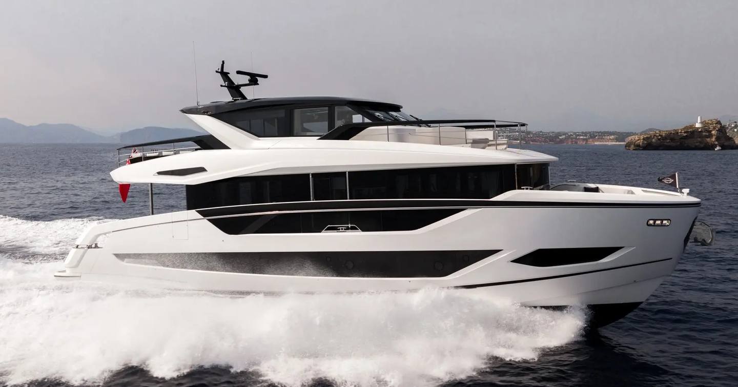 Sunseeker 82 Ocean Enclosed motor yacht under way 