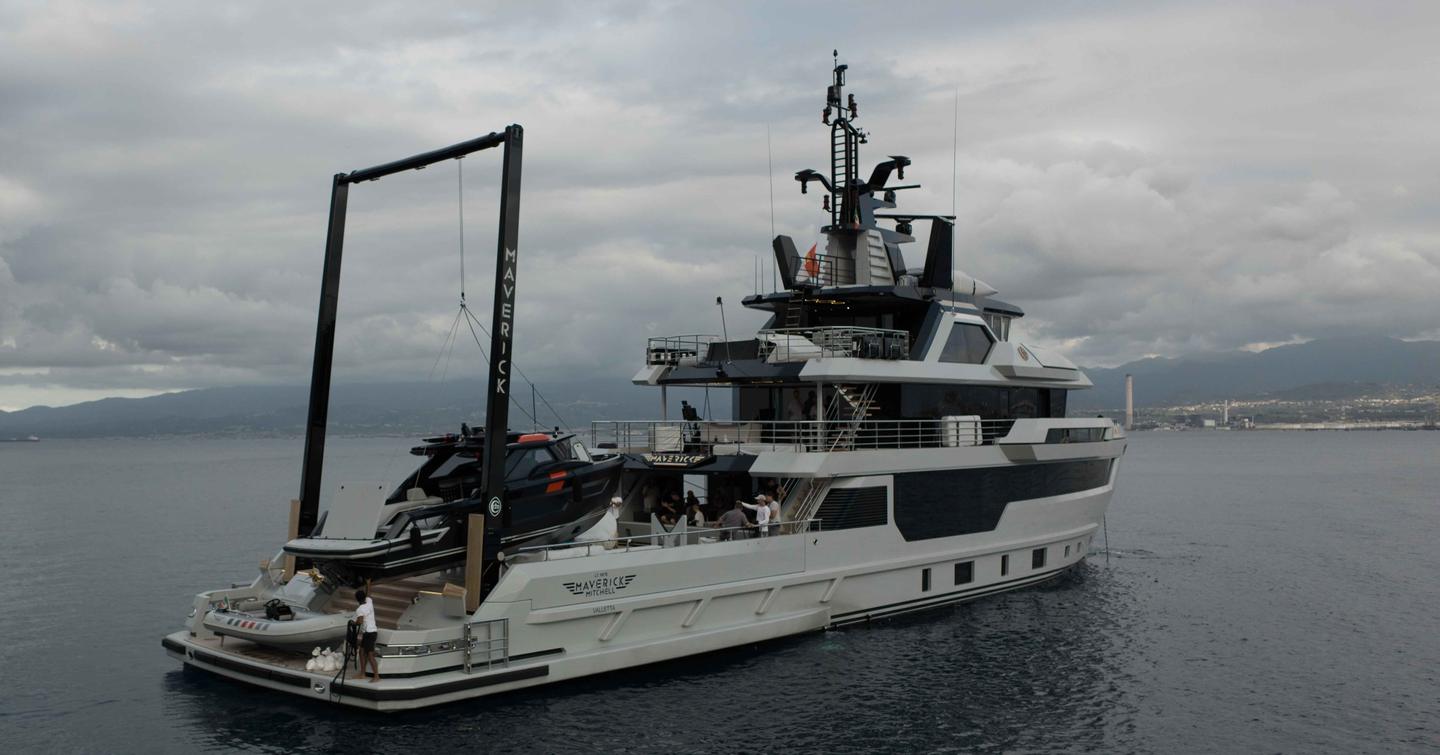  Cantiere delle Marche superyacht Maverick at anchor with crane 