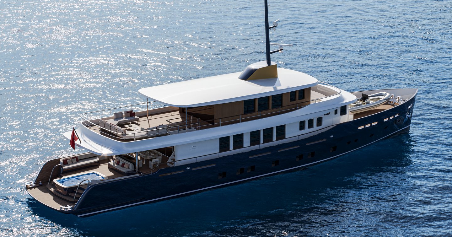 Rendering of Numarine 39MXPC at anchor on calm waters 