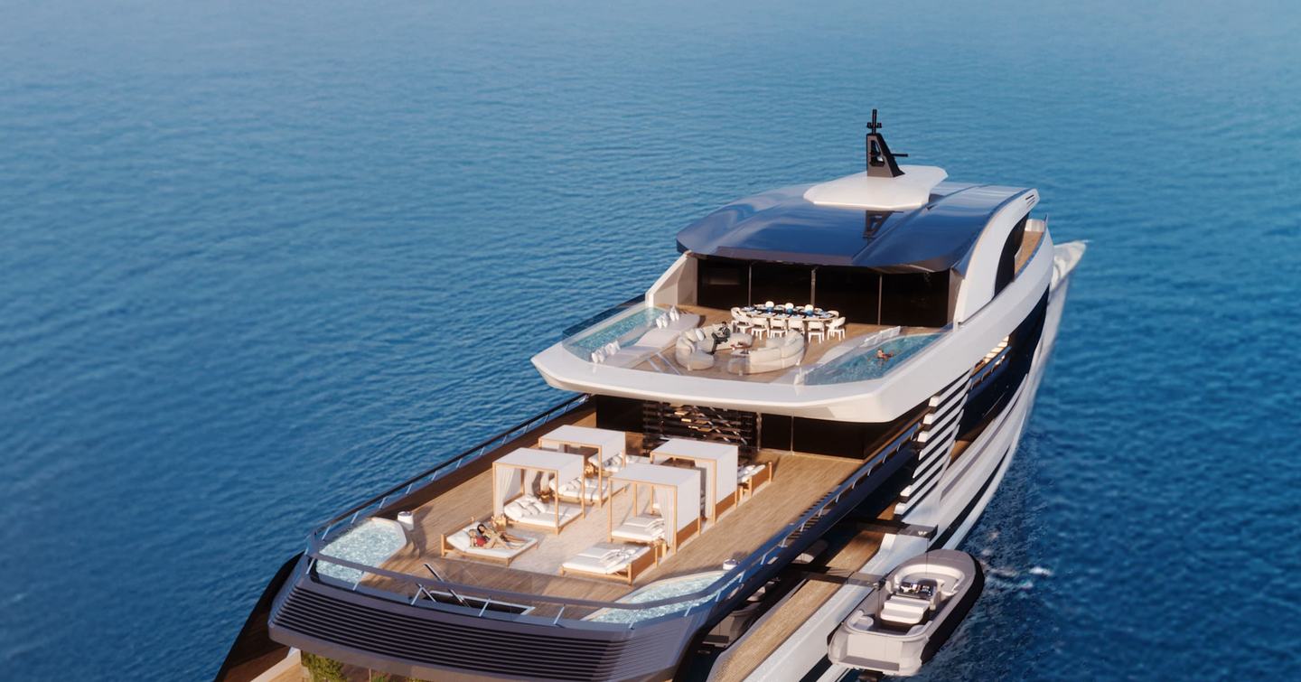 Rendering of Cantieri di Pisa Super Polaris 70 explorer yacht upper decks aft decks with sunloungers and mulitple pools
