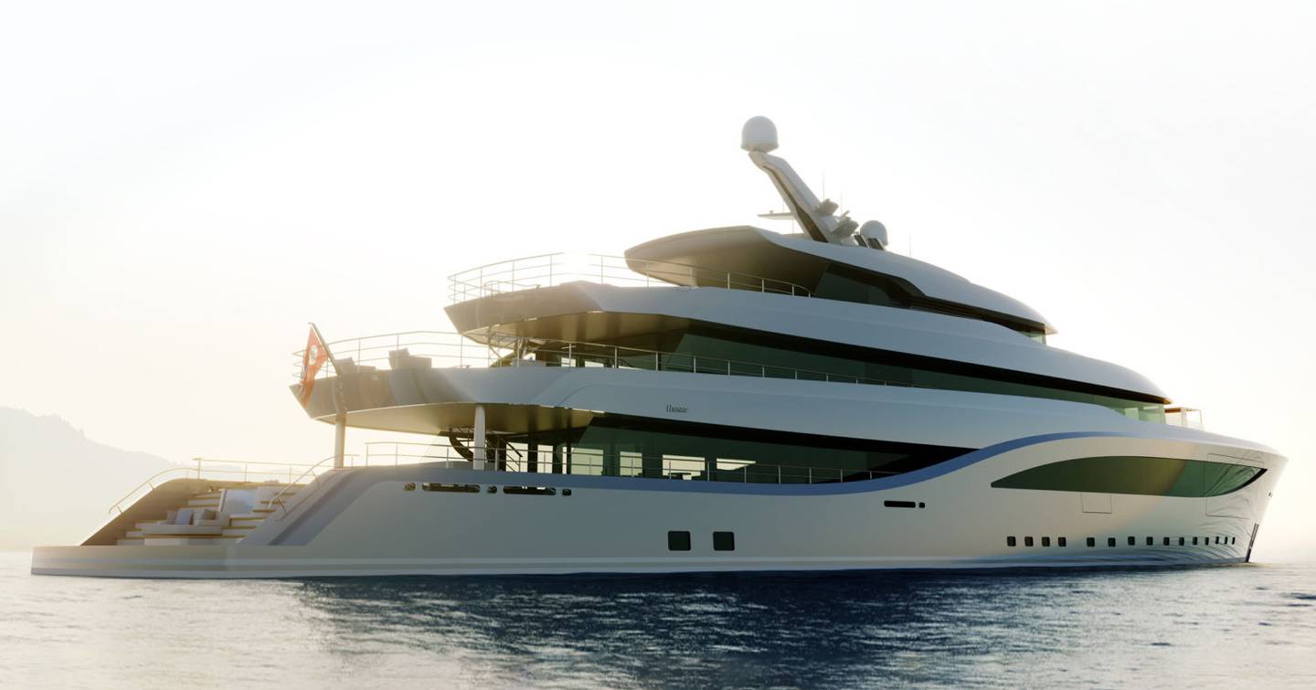 Aft view of Feadship Project Freedom underway, surrounded by sea