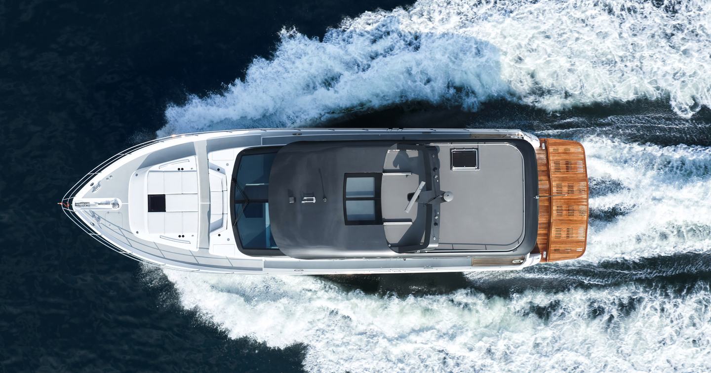 Aerial view of CL Yachts CLB65 SUV Motor Yacht under way