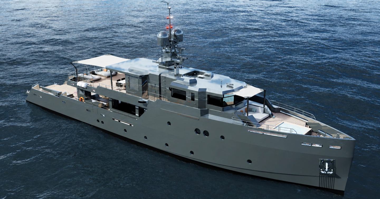 Rendering of 41M EXP Aegean Project Obsidean Blade explorer yacht at anchor 