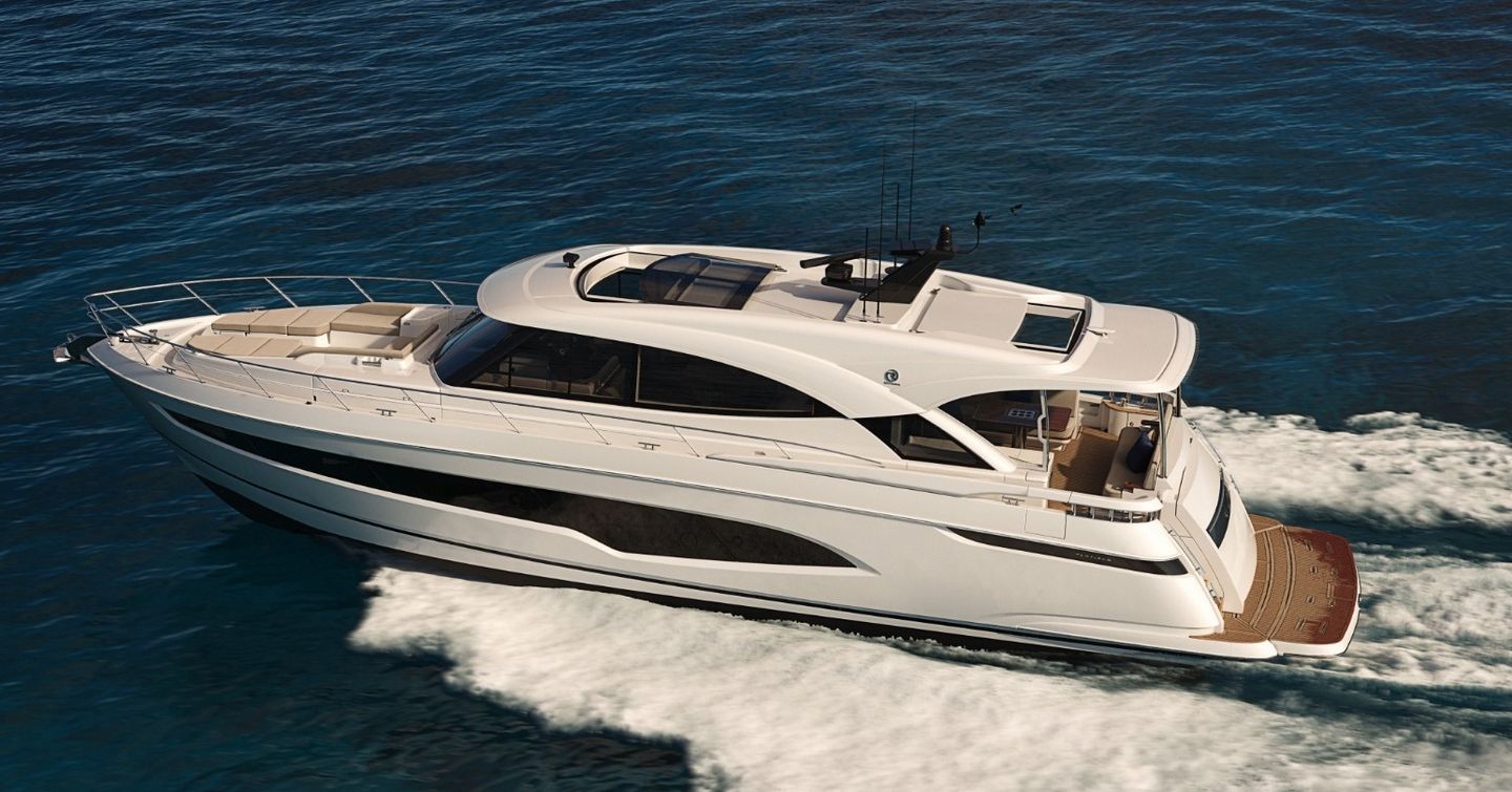 Riviera 6200 Sport Yacht Platinum Edition underway side view 