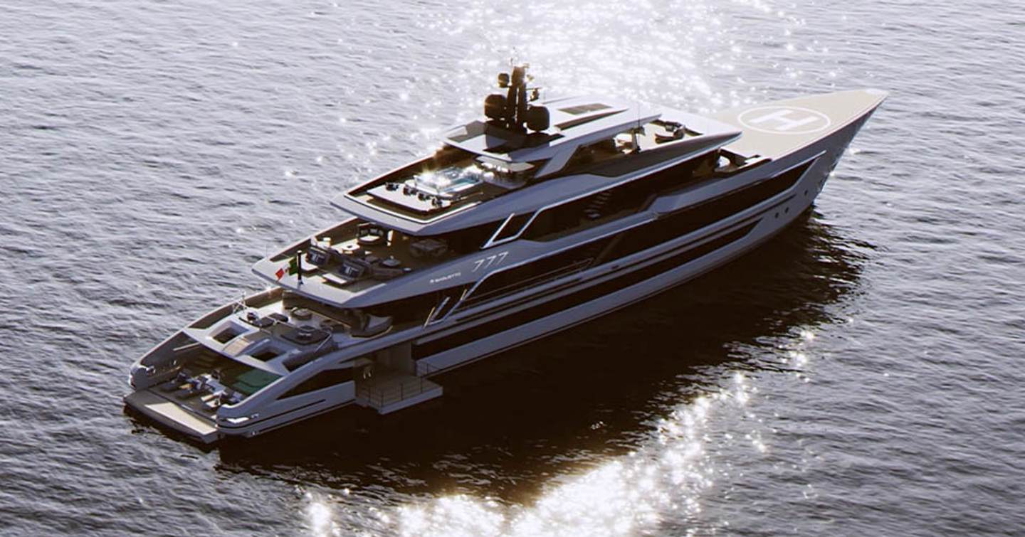 Rendering of the Baglietto T60 superyacht at anchor with fold out aft balcony 