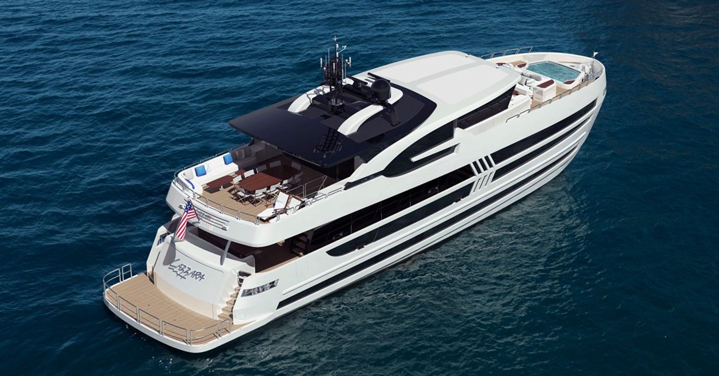 Rendering of Lazzara UHV 100 motor yacht at anchor
