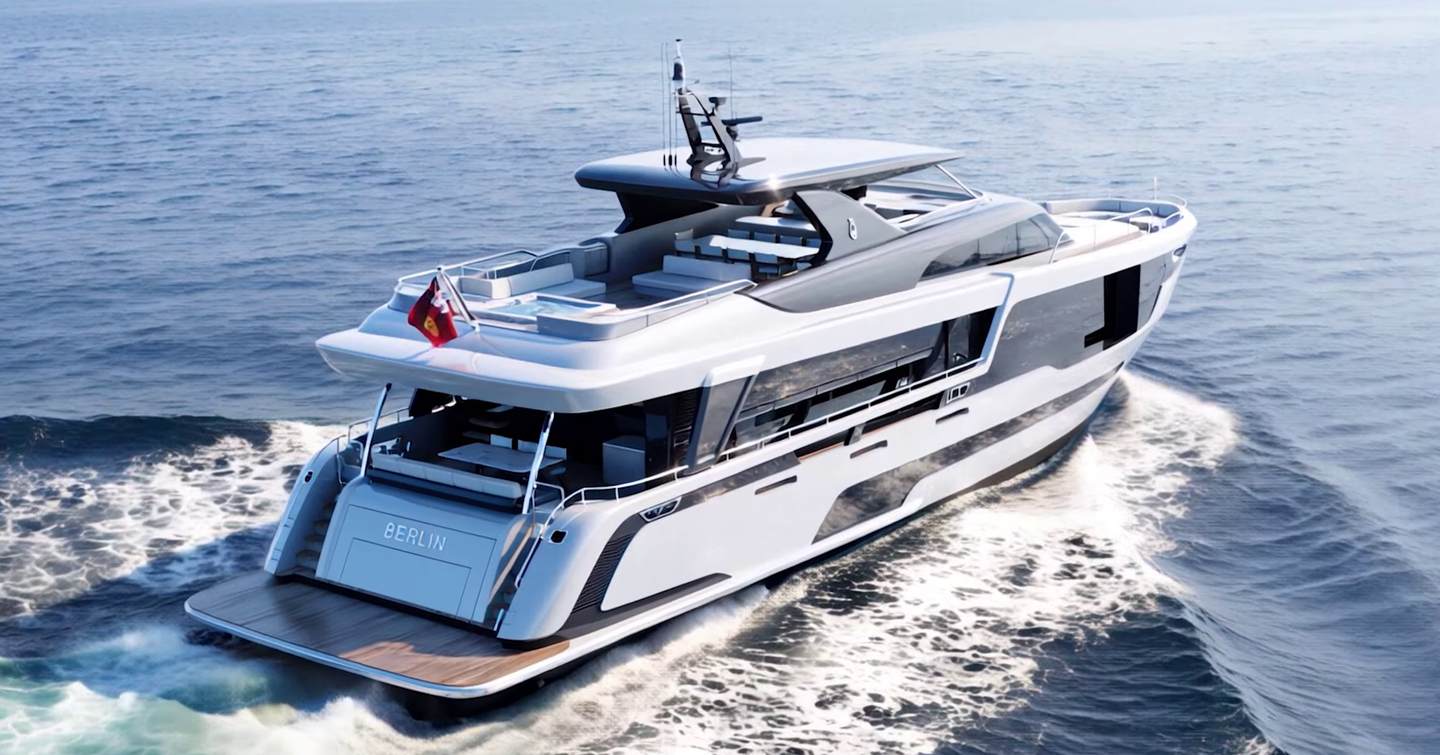 Stern shot Rendering of Superyacht Project Berlin under way 