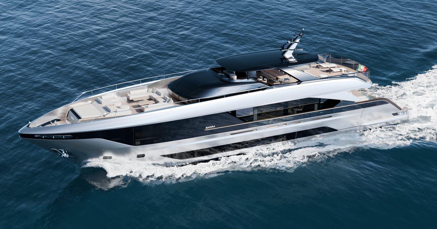 Rendering of Maiora M|38 superyacht under way 