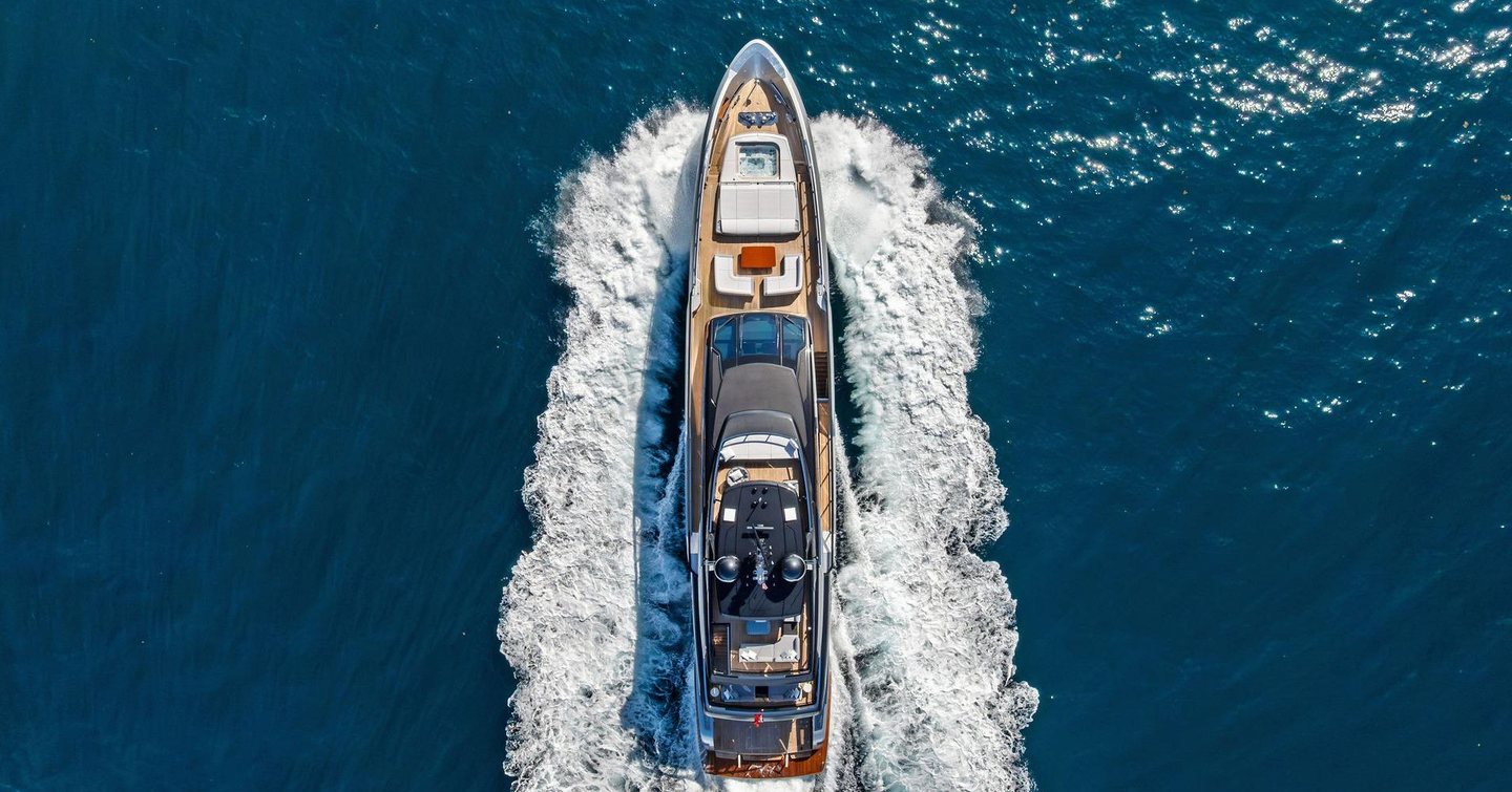 Riva motor yacht Euro underway aerial view 