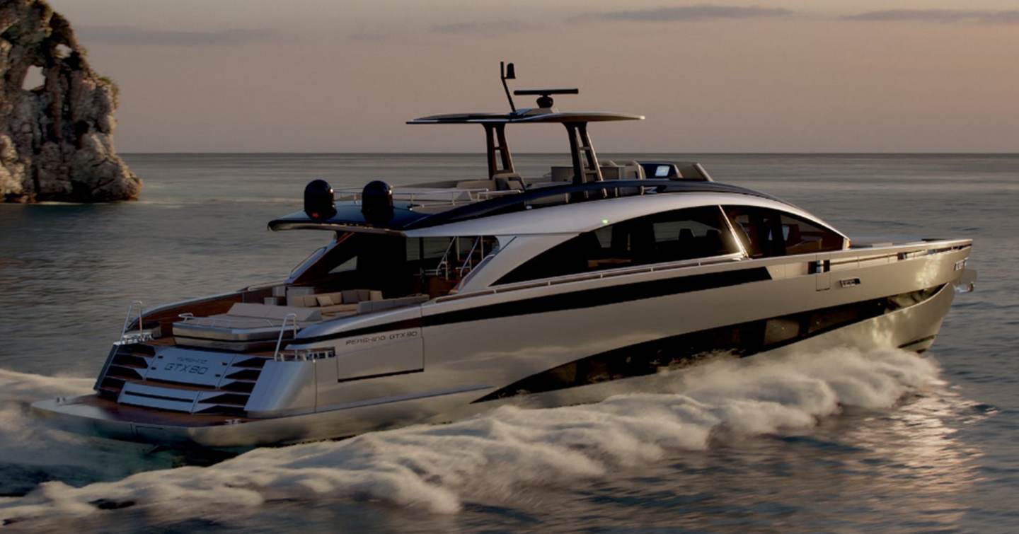 Rendering of Pershing GTX90 motor yacht under way 