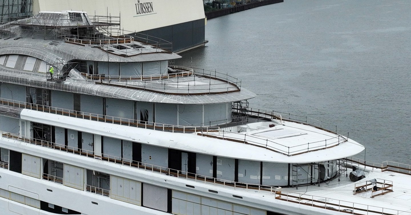 Close up of superyacht Project Defy upper decks before outfitting