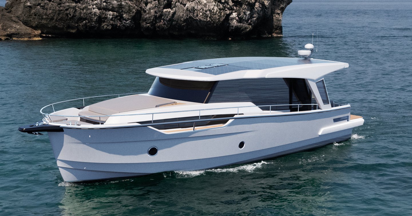 Greenline 42 motor yacht at anchor bow view