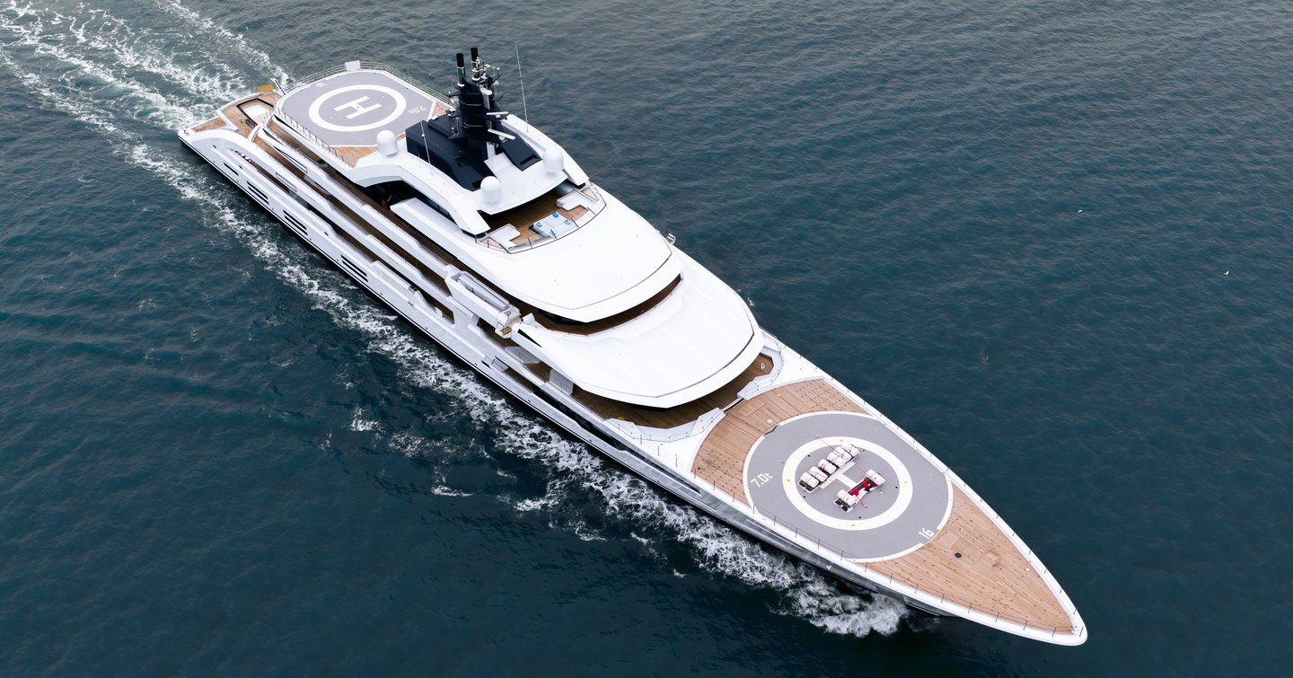 Aerial view of Superyacht Project Tanzanite under way on sea trials 
