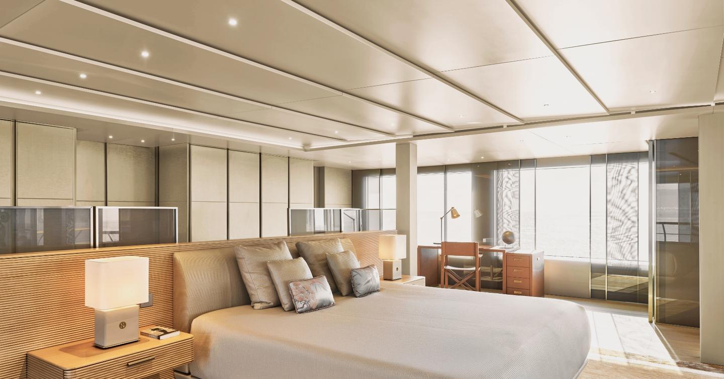 Admiral Yachts superyacht No Rush master cabin with large window 