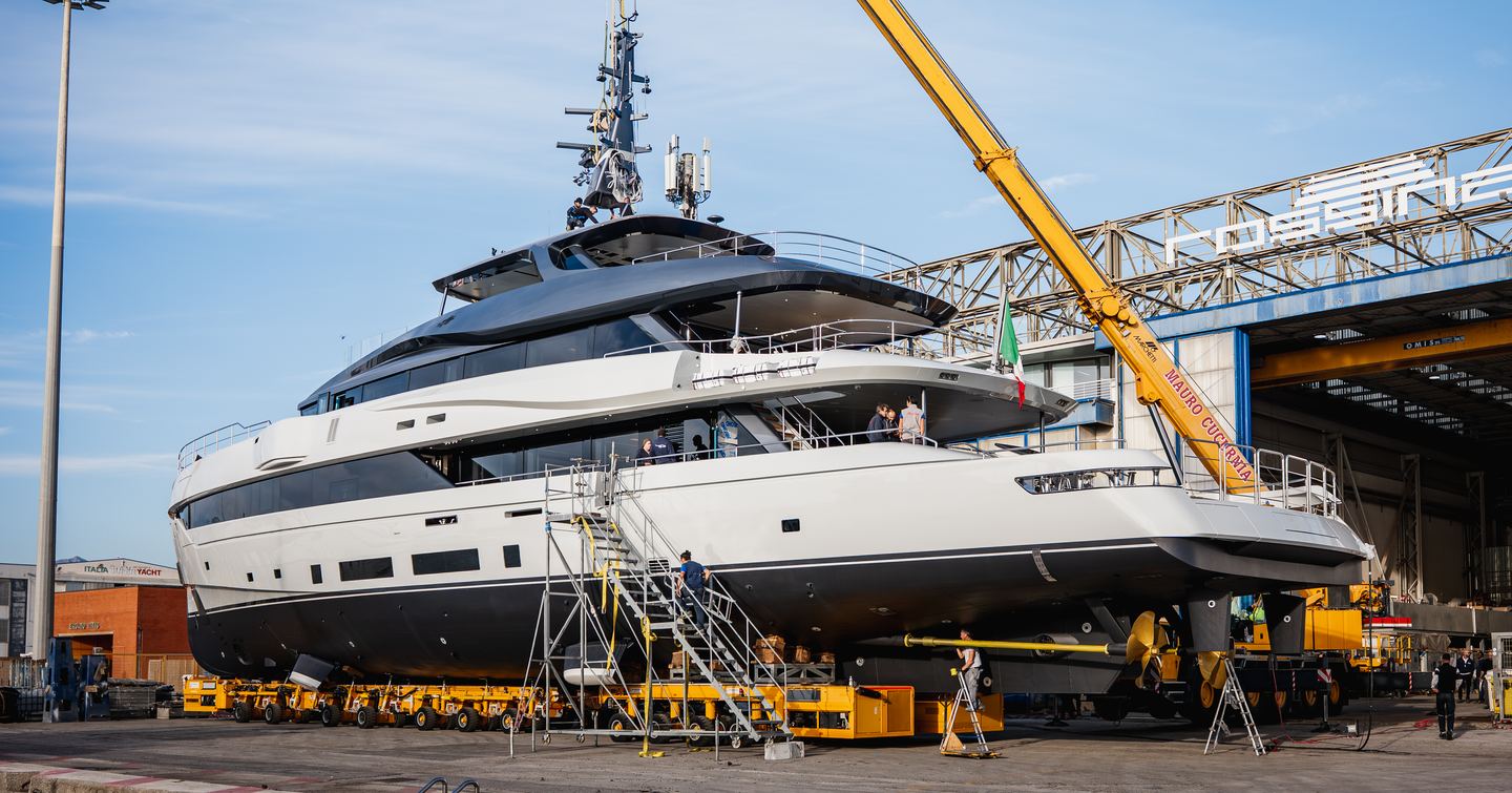 Superyacht Gemini attached to crane and on trolley before launch