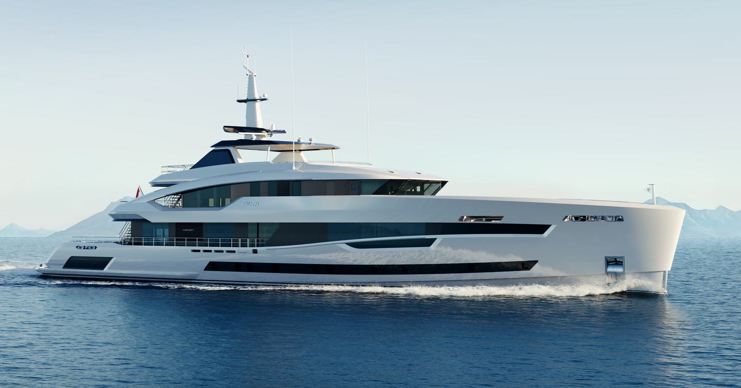 A render of superyacht Project EVITA at sea