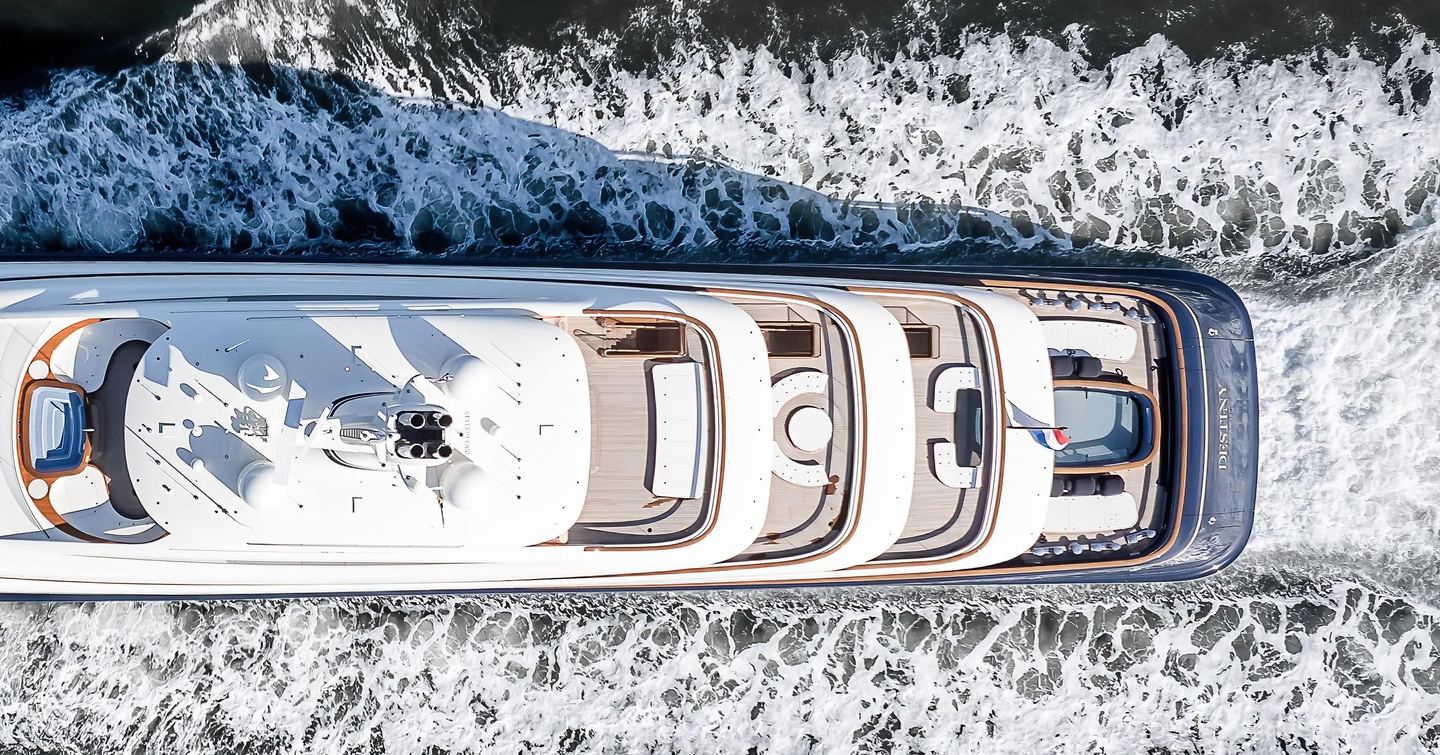 Feadship superyacht Destiny underway aft deck close up 