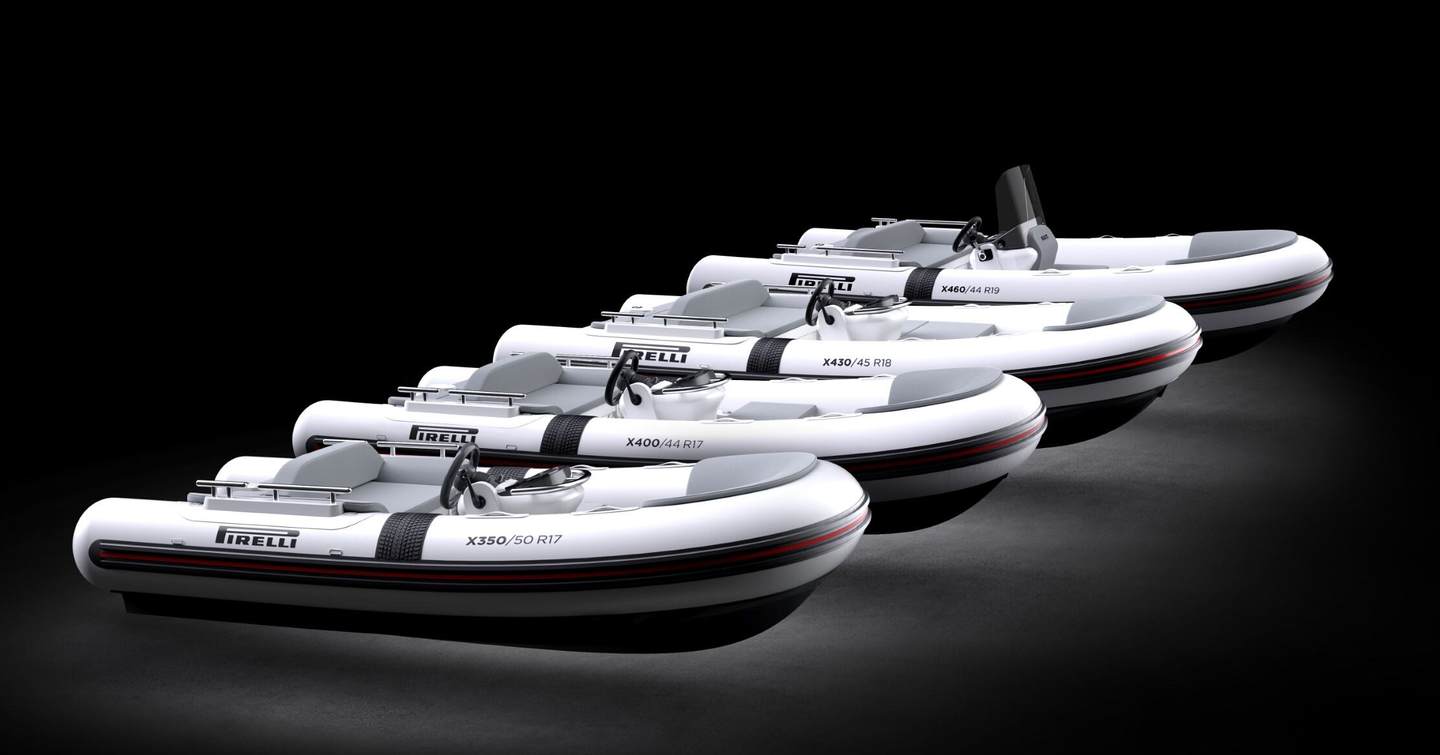 The Tecnorib Pirelli X Line range tender line up against black backdrop