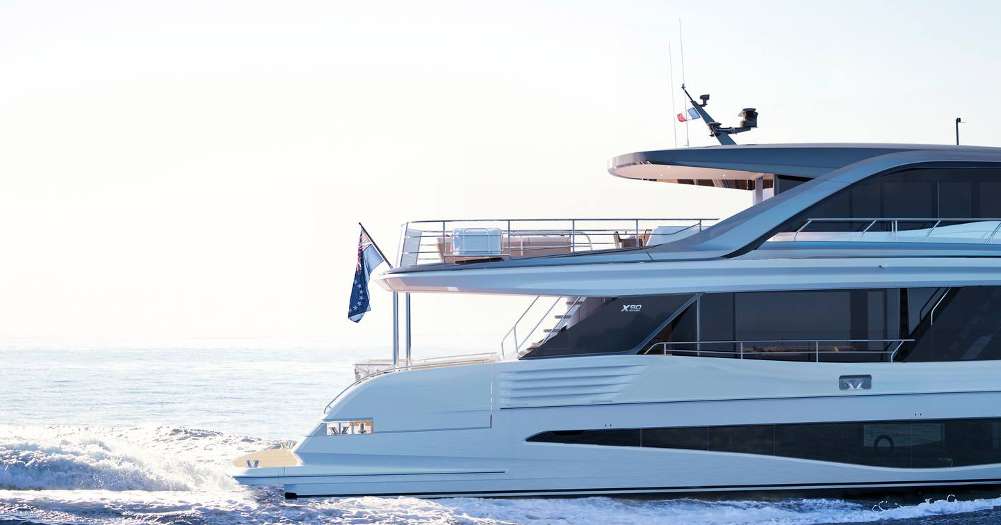 Princess X90 flybridge yacht stern side view 