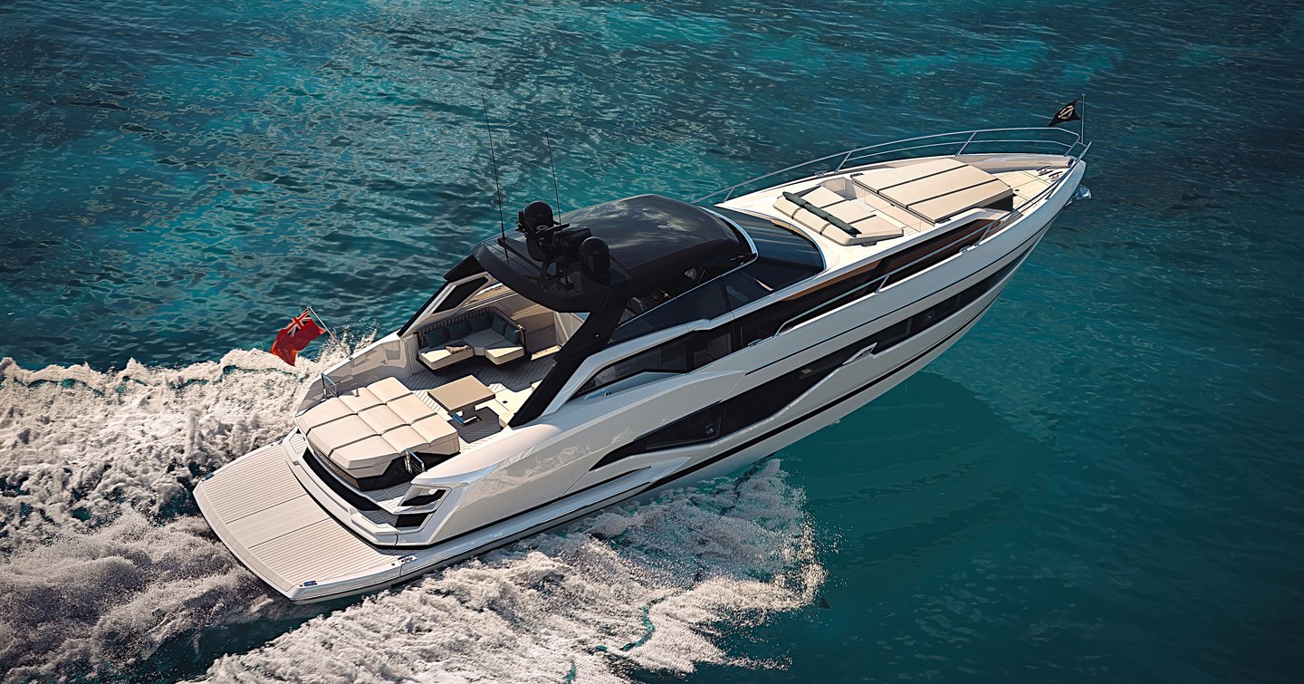 Aerial view of Sunseeker Superhawk 55 underway, surrounded by sea. 