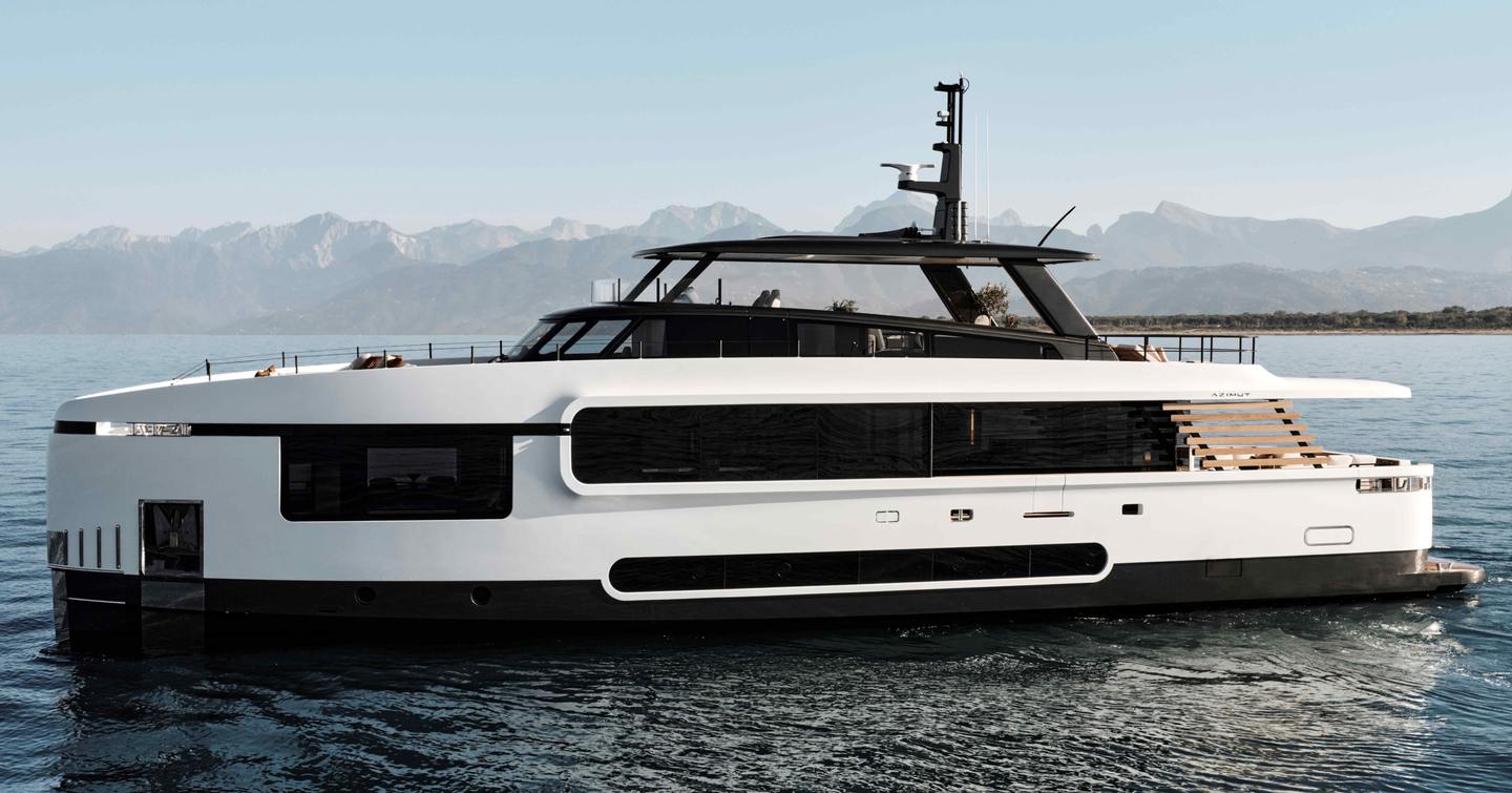 Azimut Magellano 27M yacht at anchor side view 