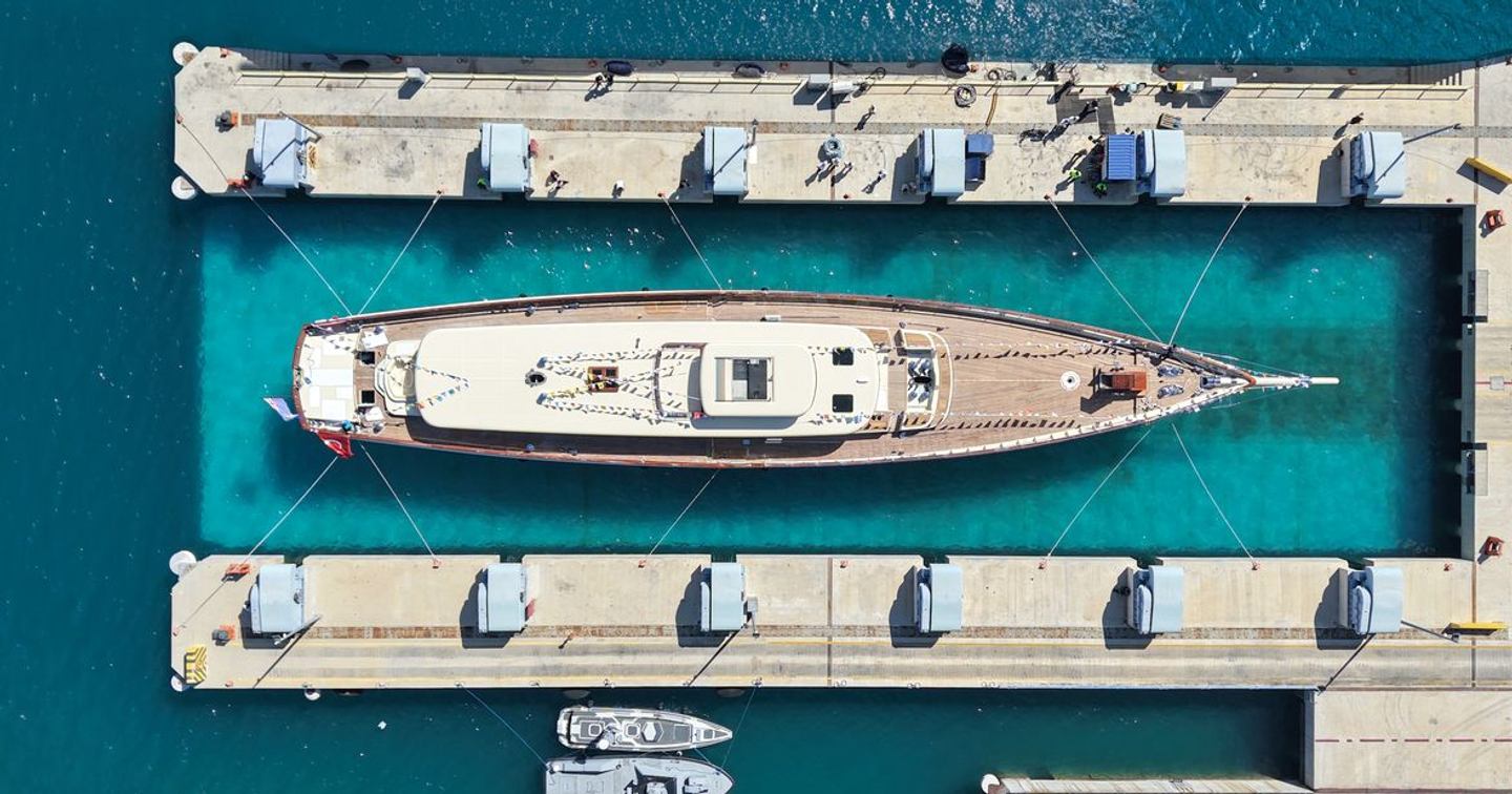 Aerial view of sailing yacht Simena's launch