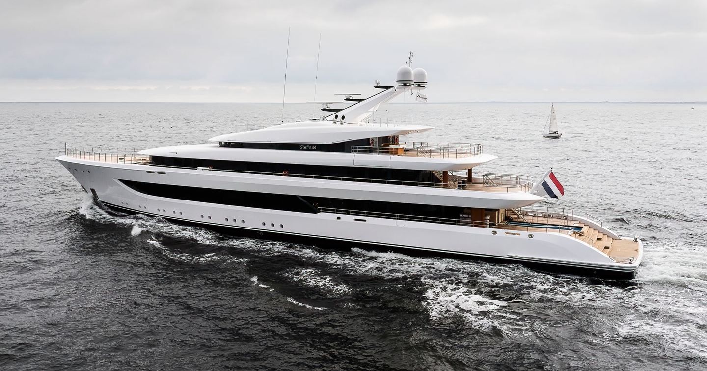 Port side of Superyacht Stella M on sea trials 