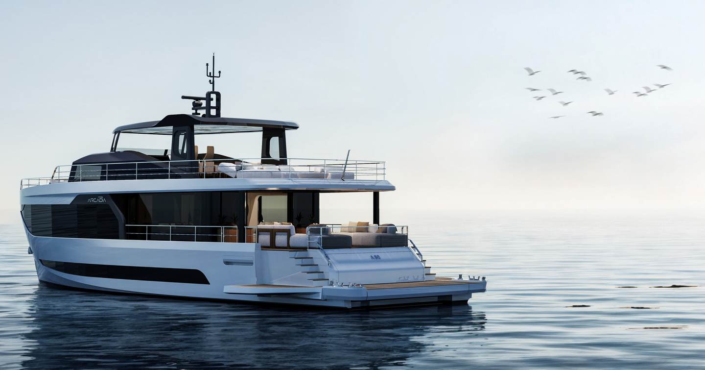 Rendering of Arcadia A80 superyacht at anchor with birds in the sky
