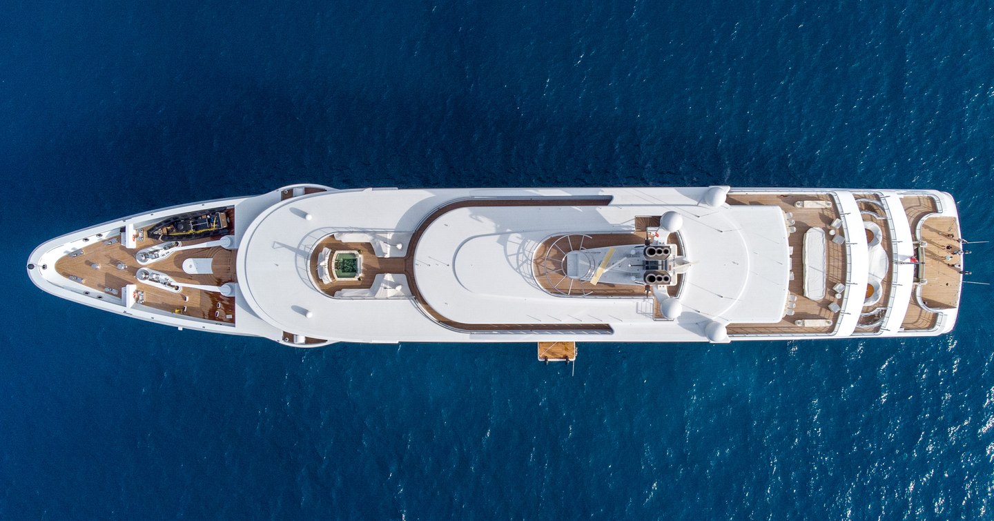 Aerial view of Superyacht I Dynasty at anchor 