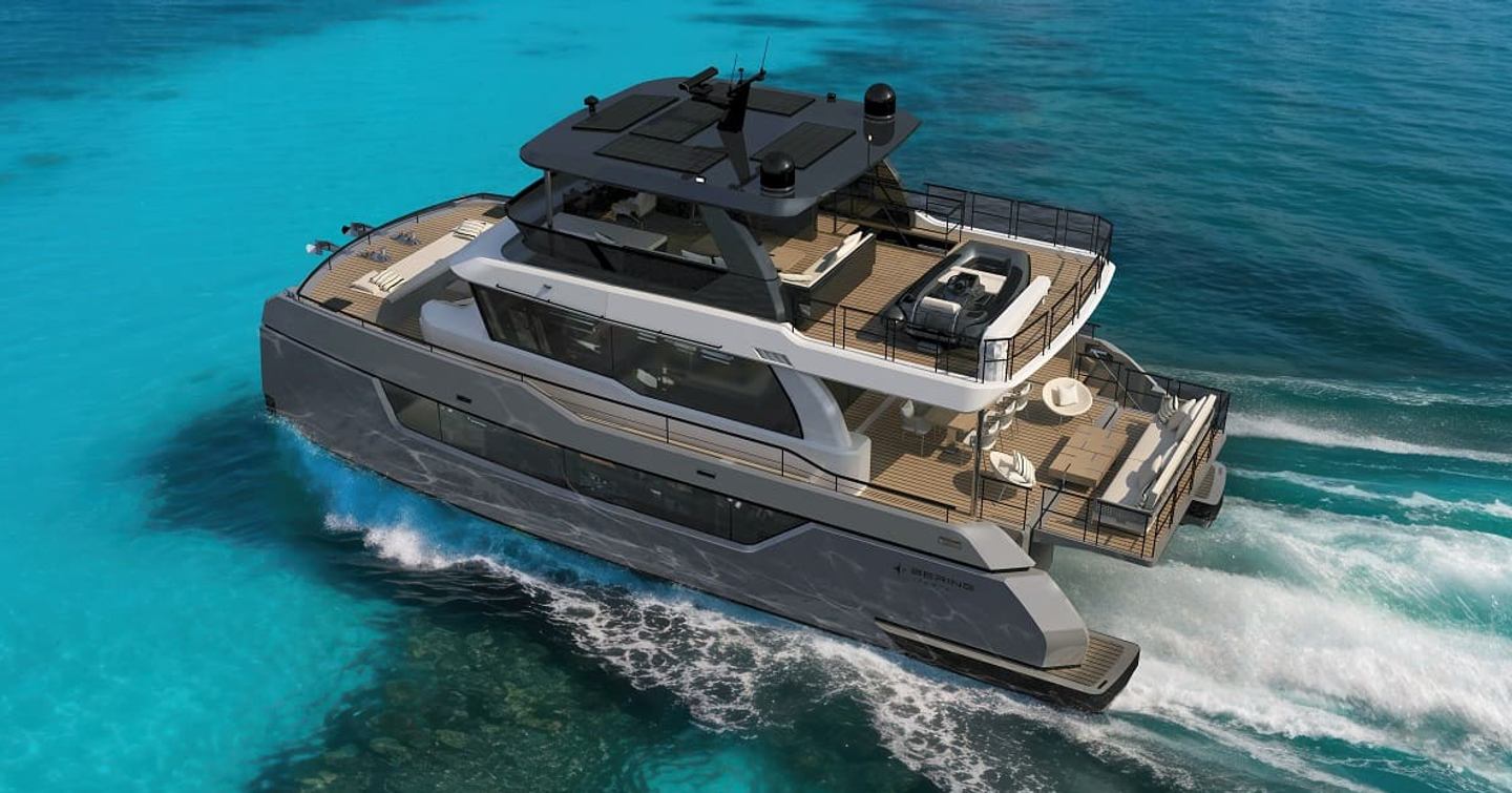 Rendering of Bering BC60 Explorer Catamaran under way 