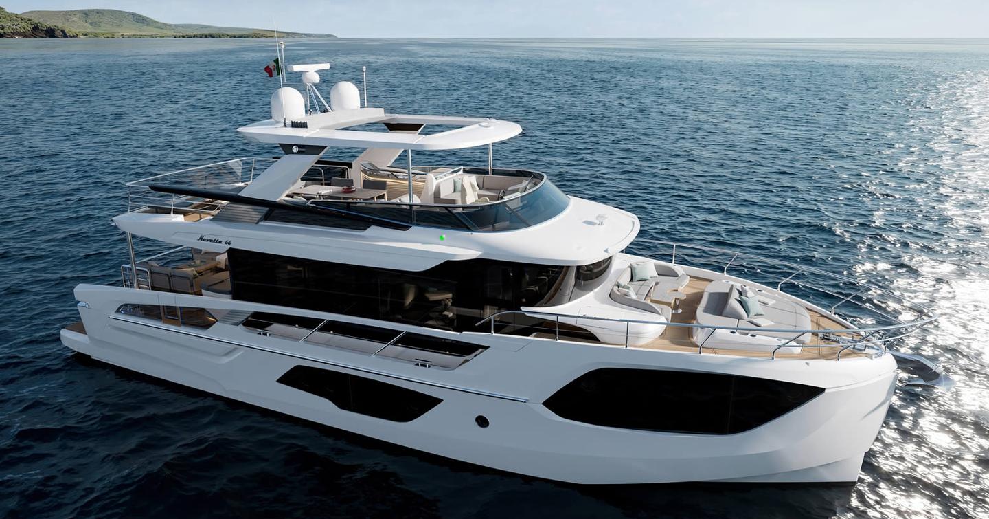 Absolute Navetta 66 motor yacht at anchor side view 