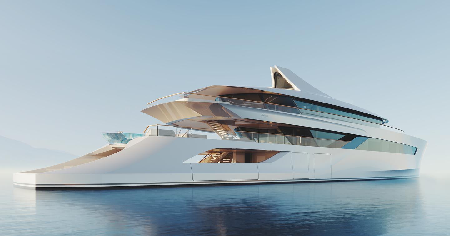 A view of Feadship Concept C's stern and starboard side with extensive amounts of glazing