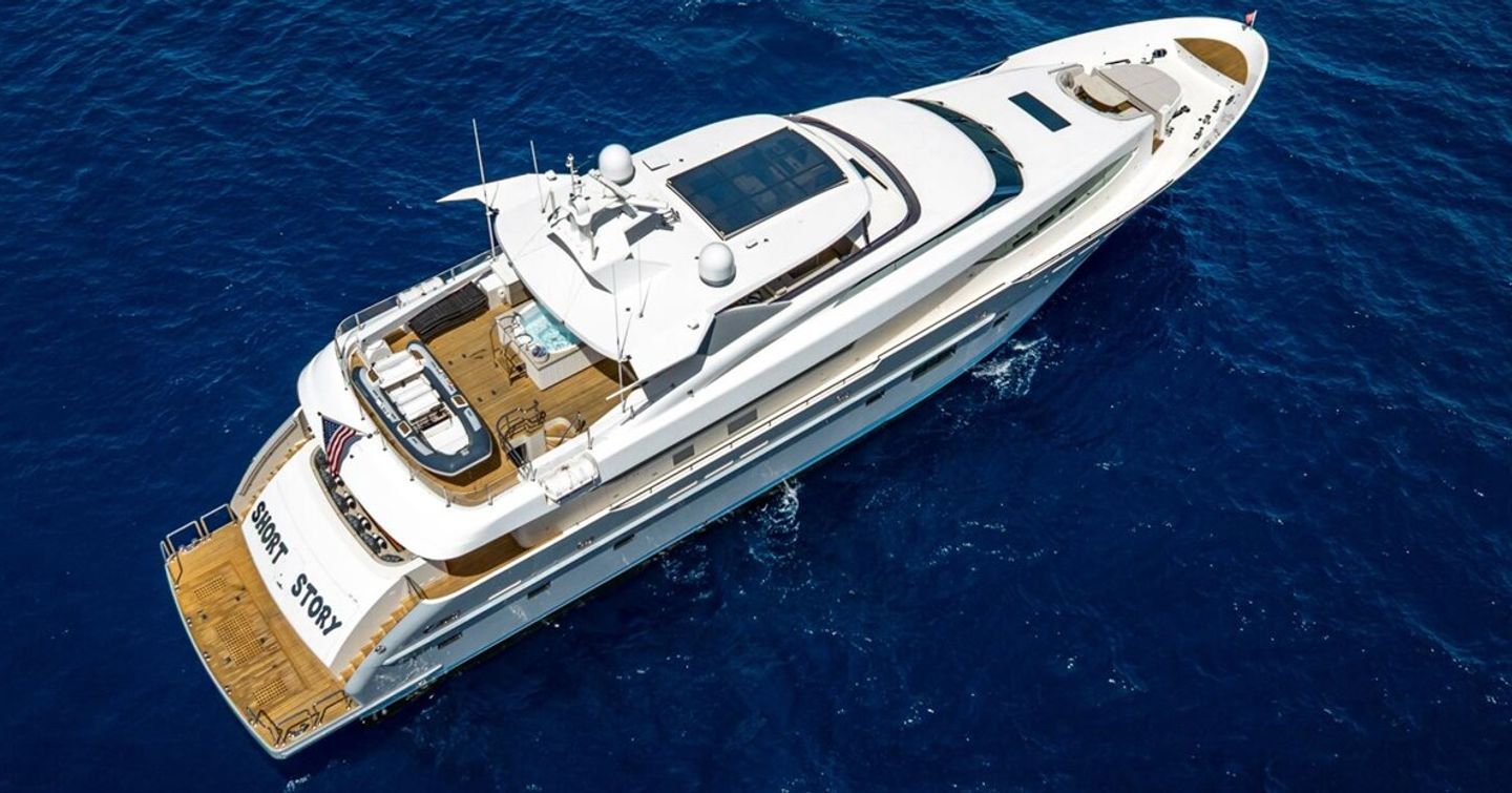 Aerial view of Superyacht Short Story at anchor