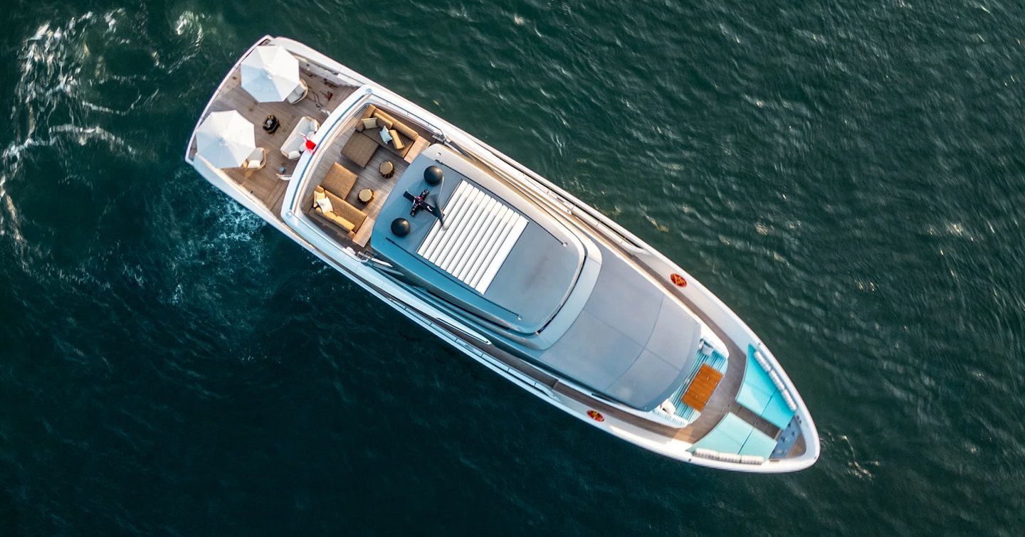 Sanlorenzo motor yacht North underway aerial view 