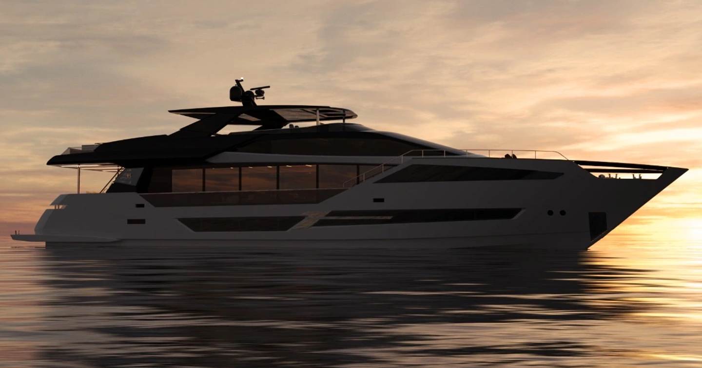 Rendering of Hargrave 120 yacht model at anchor at dusk