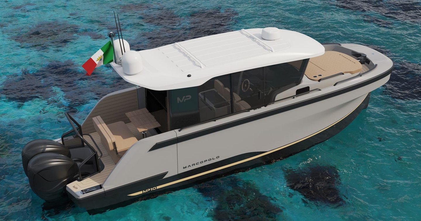 Rendering of Marcopolo Adventure Yachts MP10 boat at anchor on clear water