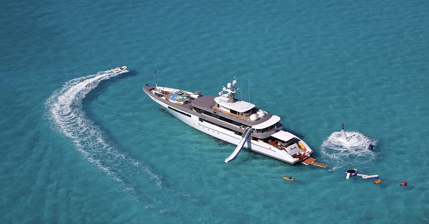 Aerial shot of Superyacht Eternity with tenders and toys