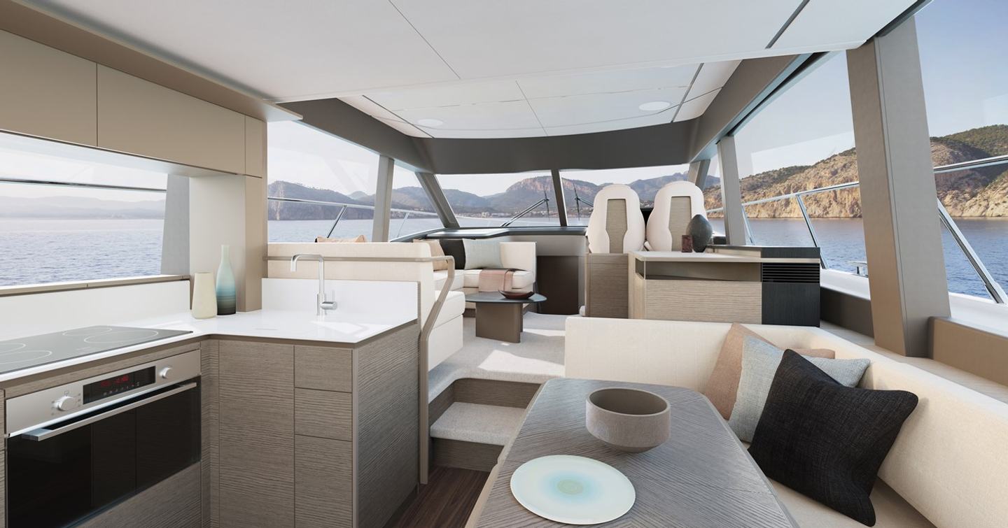 F54's main saloon with dinette and helm station