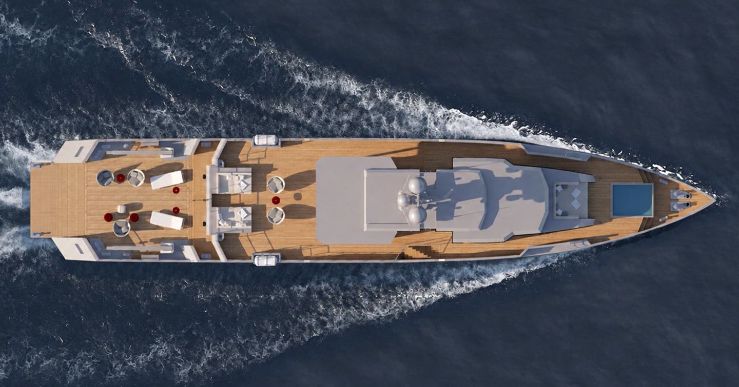Aerial rendering of 41M EXP Aegean Yacht under way