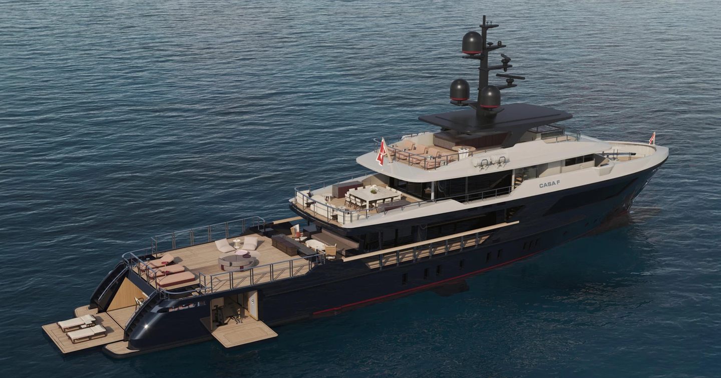 Rendering of Sanlorenzo 500EXP Explorer Yacht at anchor 