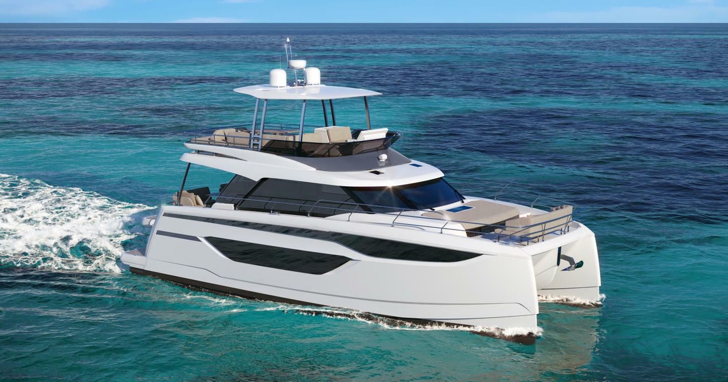 Prestige M48 catamaran under way