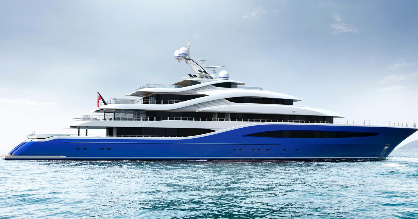 Turquoise superyacht Angelique at anchor side profile 
