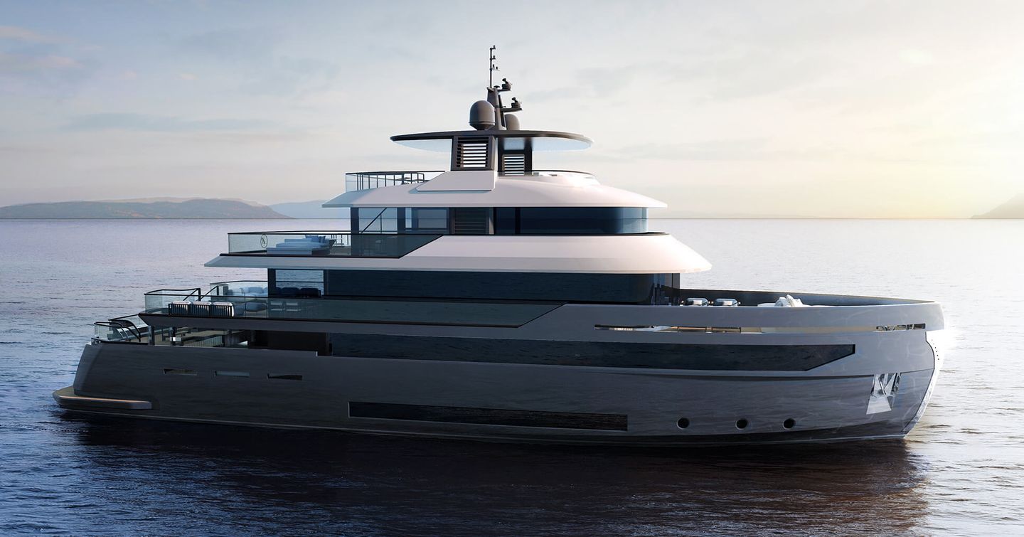 Benetti B.YOND 37m rendering, surrounded by sea.