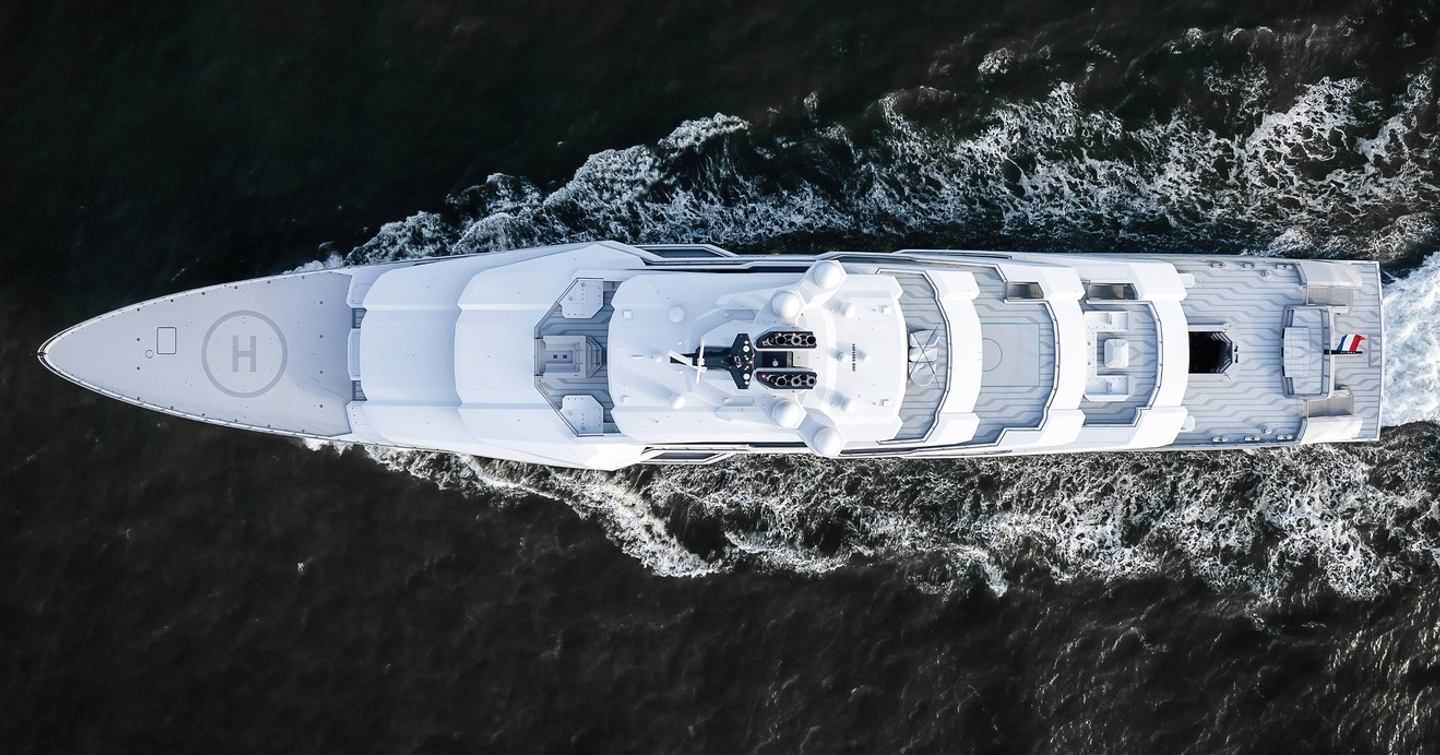 Aerial view of superyacht Leviathan under way