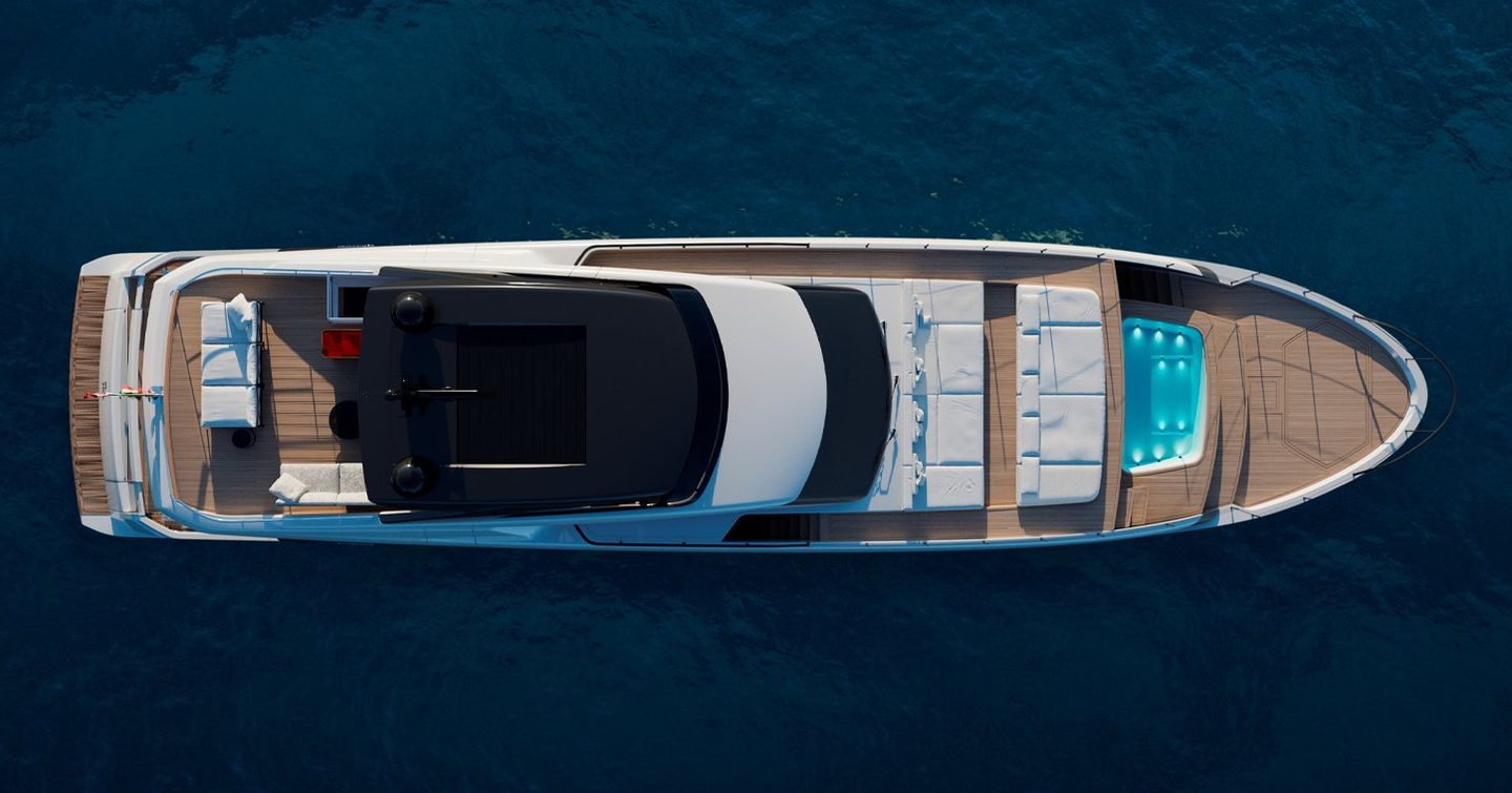 Aerial rendering of Sanlorenzo S110 Asymmetric motor yacht at anchor 