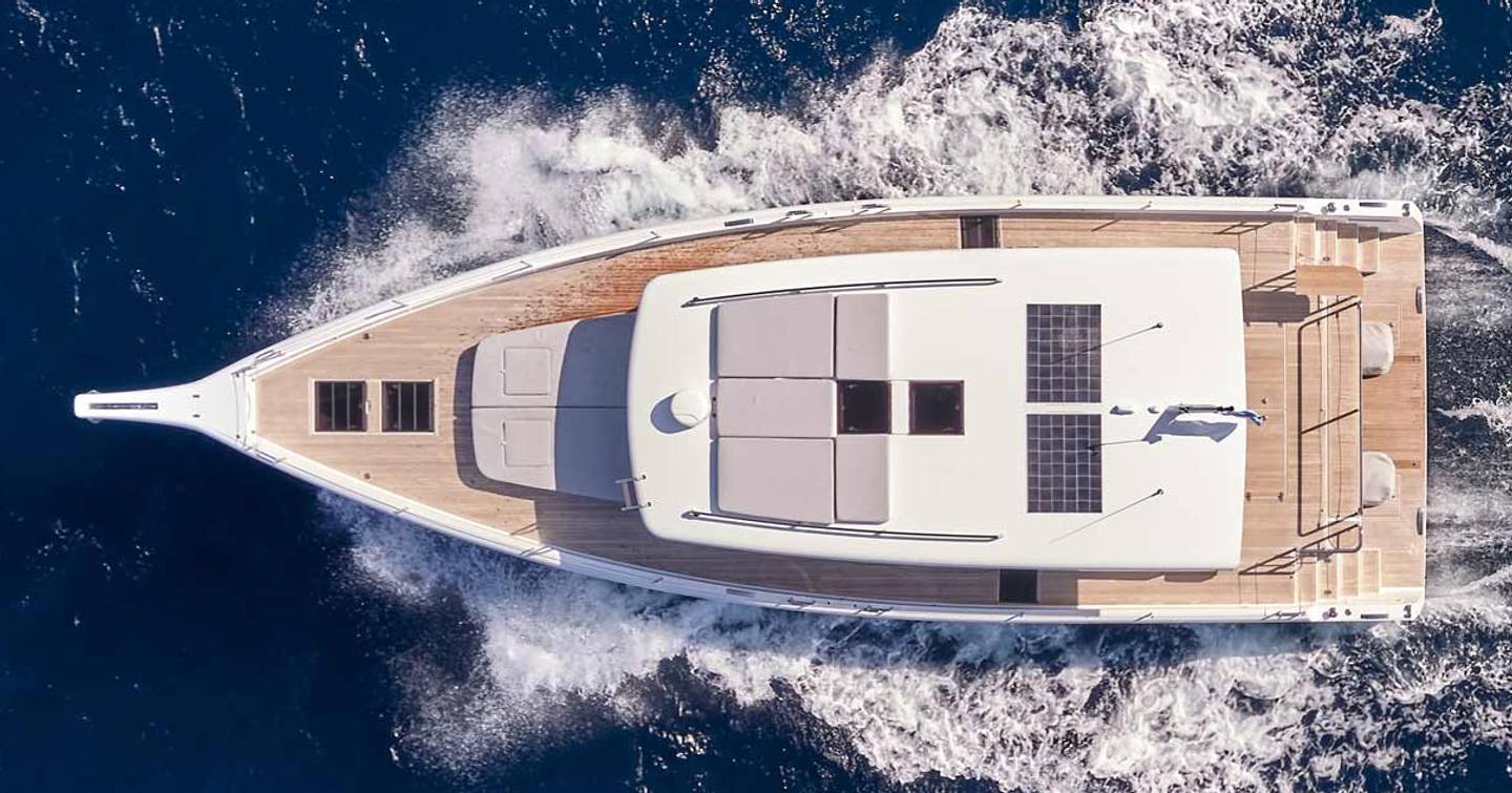 Aerial view of Omikron OT-60 motor yacht under way