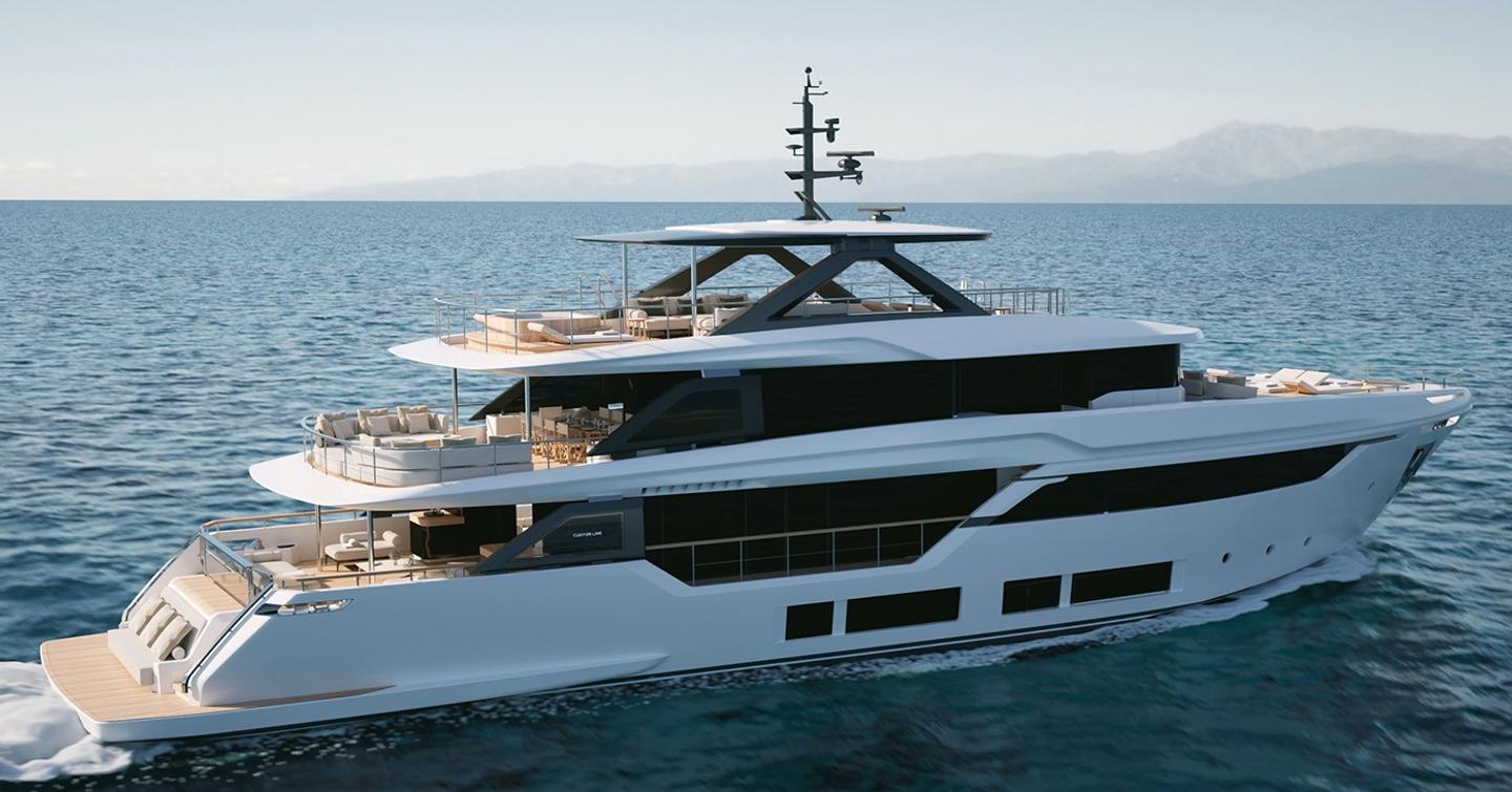 Rendering of Custom Line Navetta 35 superyacht under way 