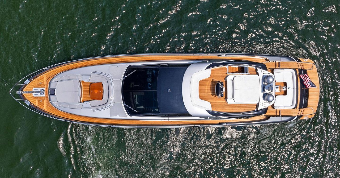 Riva motor yacht Indiscretion at anchor aerial view 
