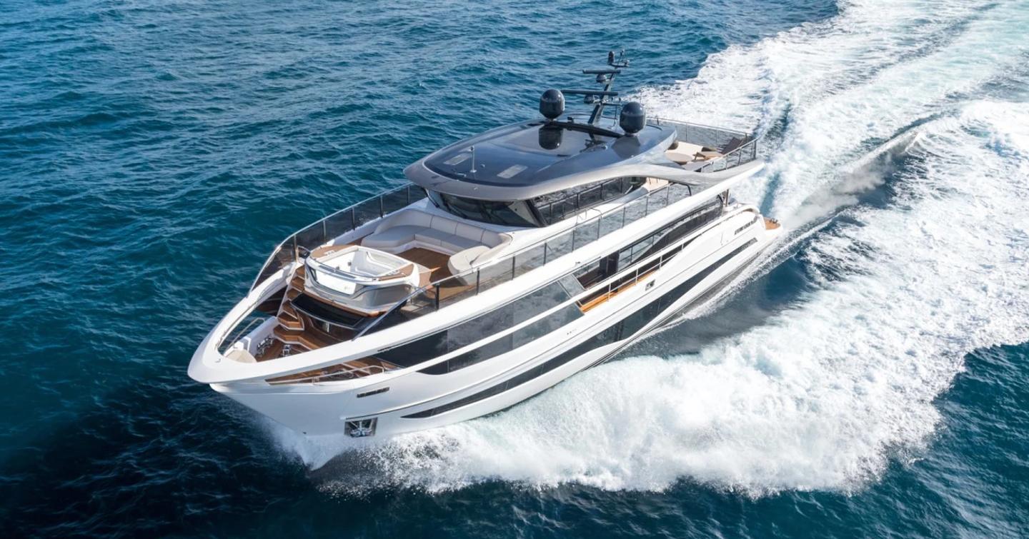 Princess X95 Vista motor yacht under way at speed 